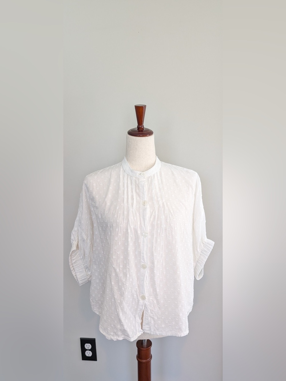 Emerson Fry India Collection Mandarin Top Ivory Swiss Dot Textured Cotton OS